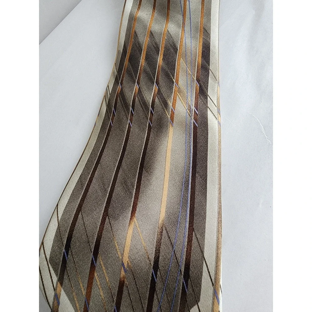 Stacy Adams Mens Silk Tie Taupe Brown Gold Geometric Striped Handmade Necktie